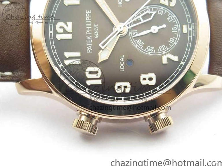 MIROTIME 0510 ZipUp Calatrava 5524R Pilot Travel Time RG GRF Brown Dial on Brown Leather Strap A324 V 7110